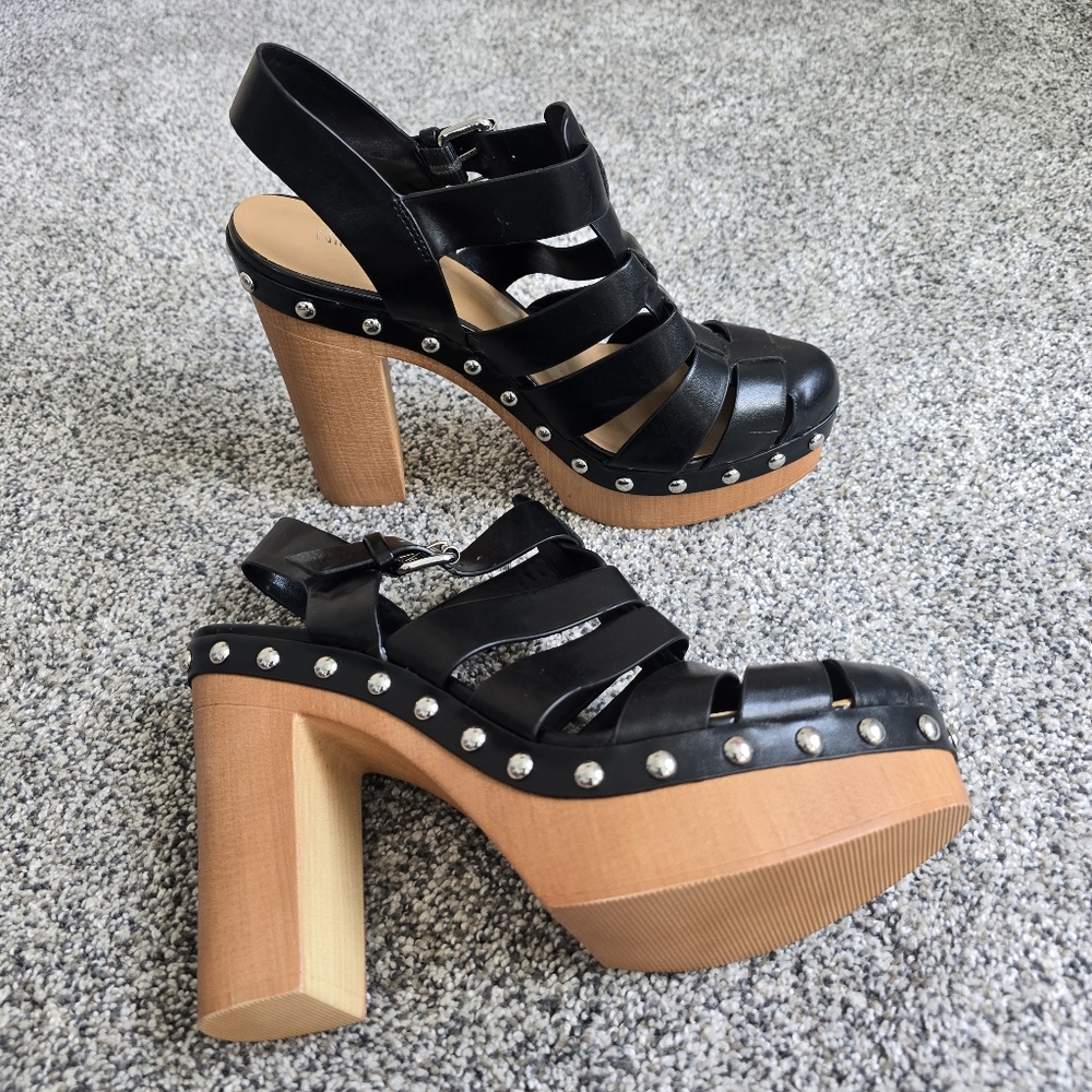 Nine West Black Strappy Platform Chunky Studded Vegan Leather Heels Size 9 - Picture 2 of 8